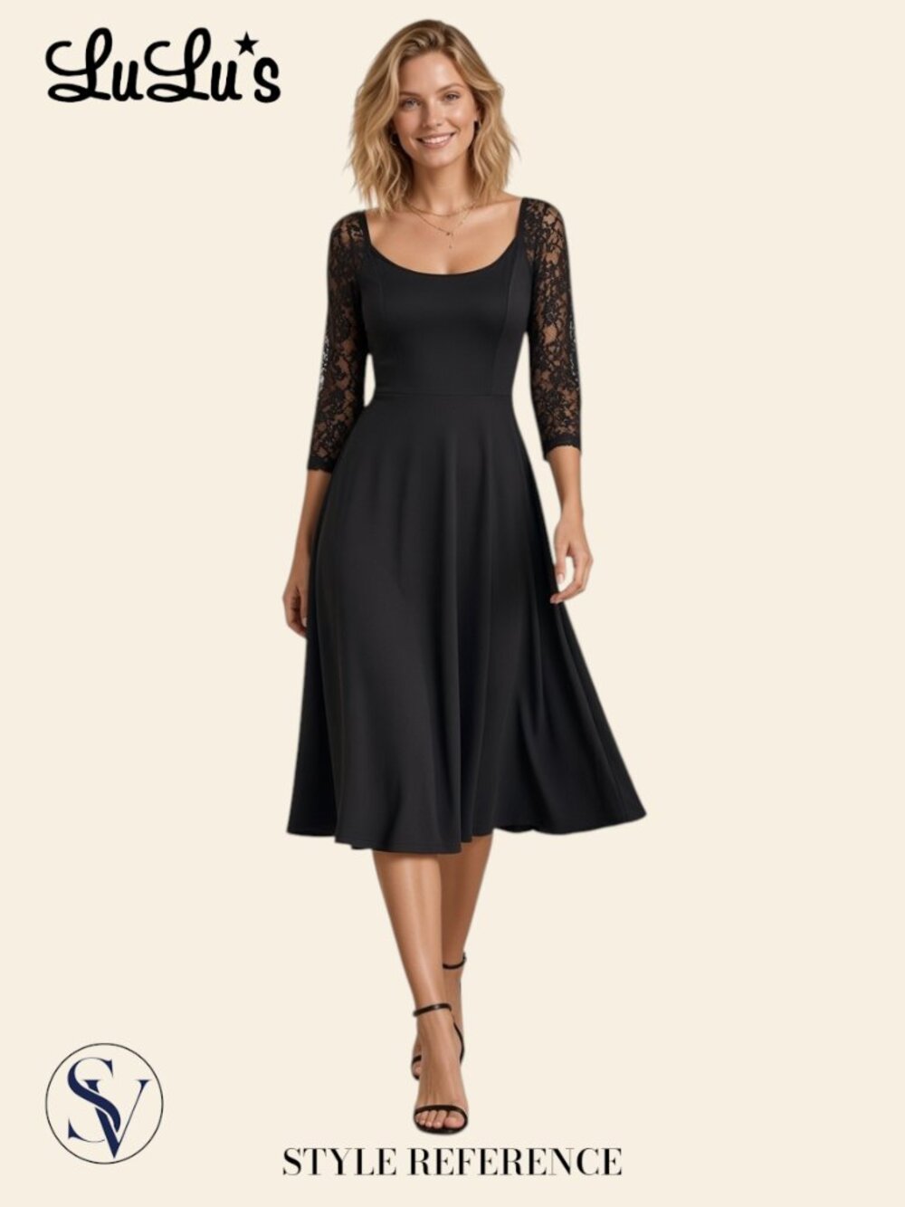 NWOT Lulus Black Lace Sleeve Scoop Neck Midi A-Line Dress S